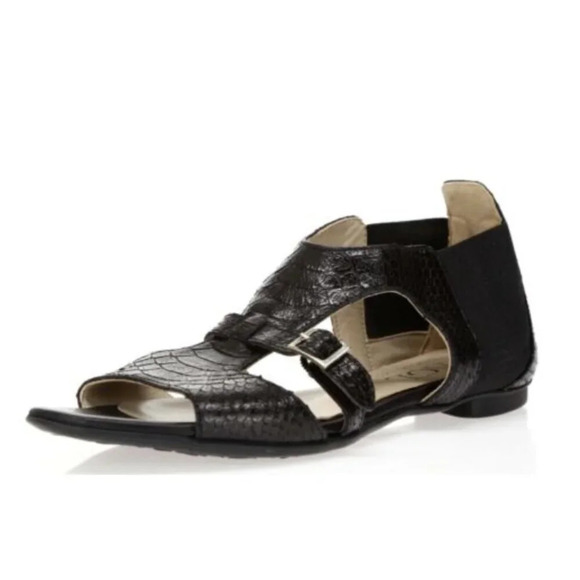 AGL Attilio Giusti Leombruni Leather Snake-print Open Toe Sandals/Black - Picture 1 of 8